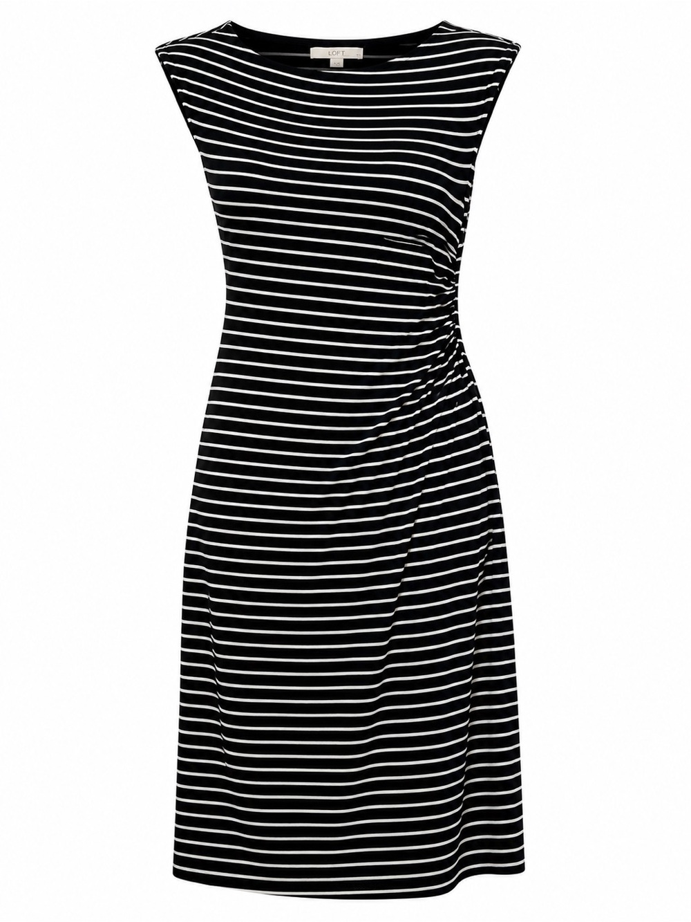 LOFT Black & White Striped Midi Dress with Side Ruching